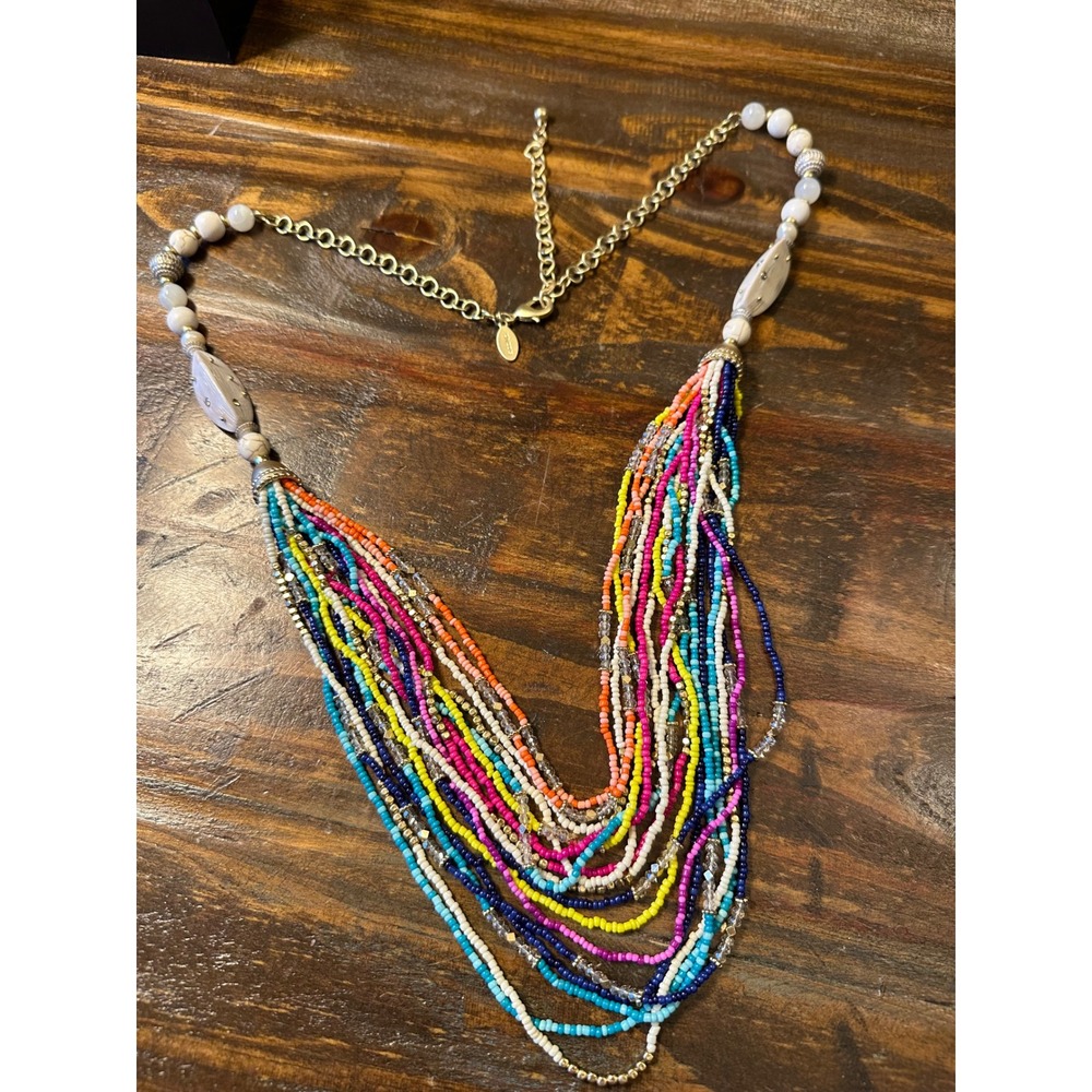 Chicos Multistrand Seed Bead Statement Necklace Multicolor Boho Gold Tone Chain